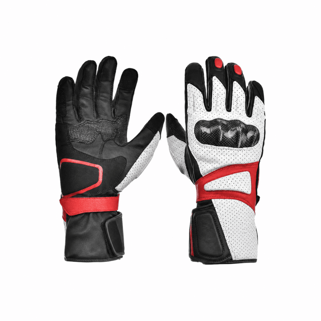 Unbranded red, white and black motorcycle glove sample shown from palm and back