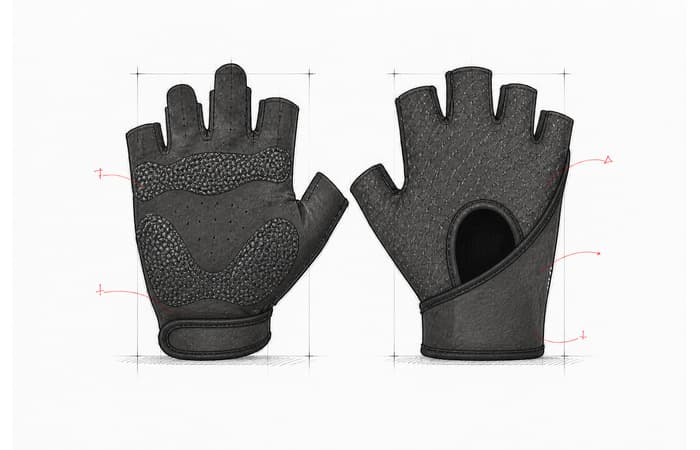 Black half-finger fitness glove reference shown from palm and back