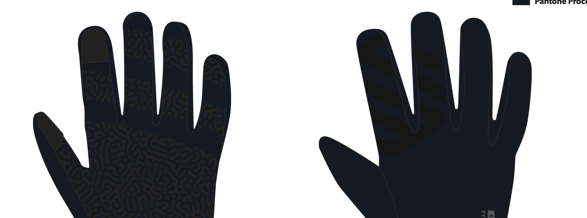 Dark full-finger sports glove design layout showing palm and backhand directions