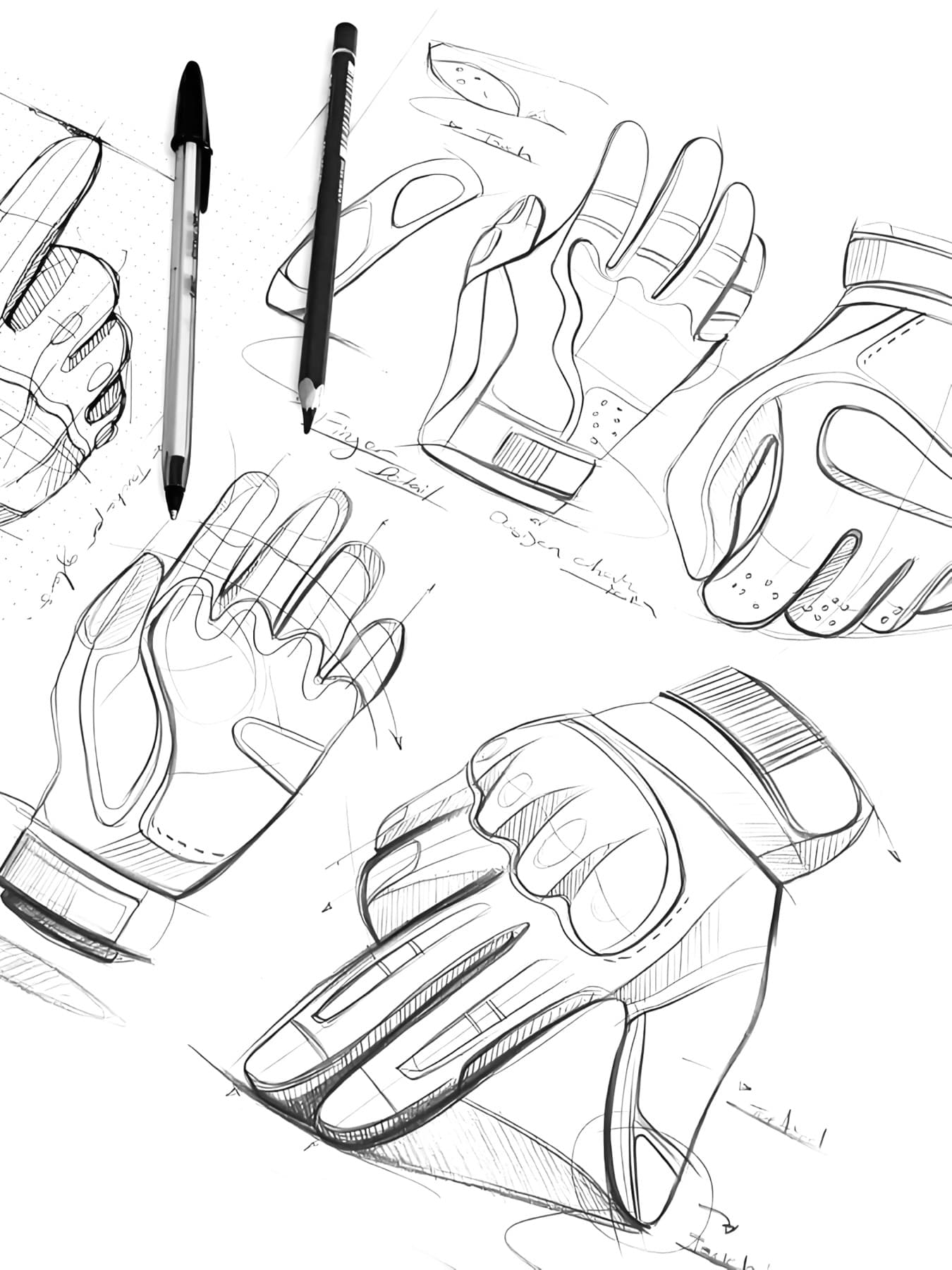 BURTONO full-finger sports glove concept sketches showing palm, backhand and protection-zone ideas