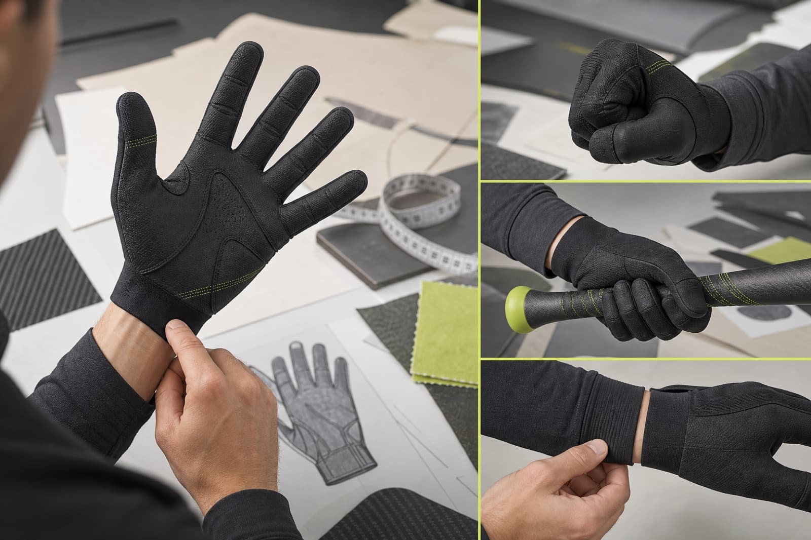 AI-generated process illustration of a designer conducting a physical fit trial with an unbranded sports glove