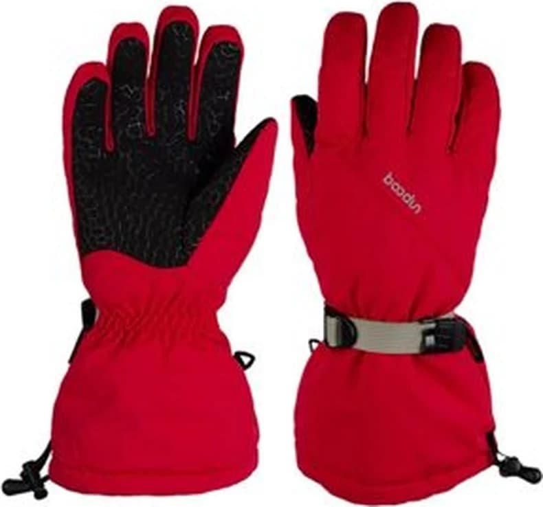 Red winter ski glove sample shown from palm and back