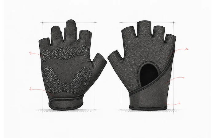 Black half-finger fitness glove product reference shown from palm and back
