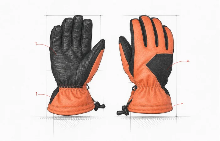 Orange and black ski glove product reference shown from palm and back