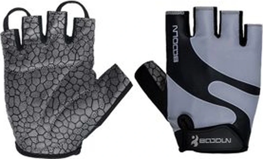 Gray half-finger cycling glove reference shown from palm and back