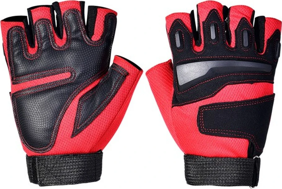 Red and black half-finger fitness glove reference shown from palm and back
