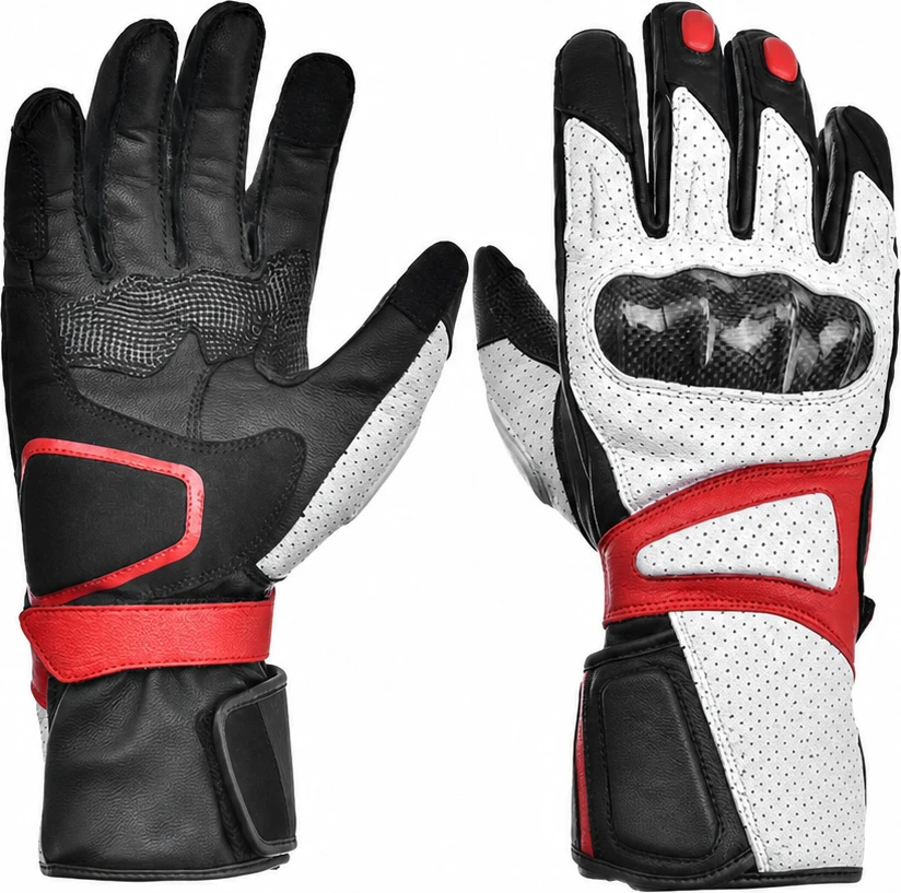 Black white and red motorcycle glove reference shown from palm and back