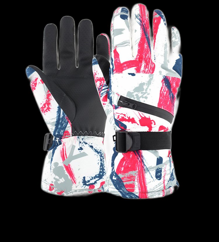 Colorful winter sports glove detail showing pattern, material and stitching options.