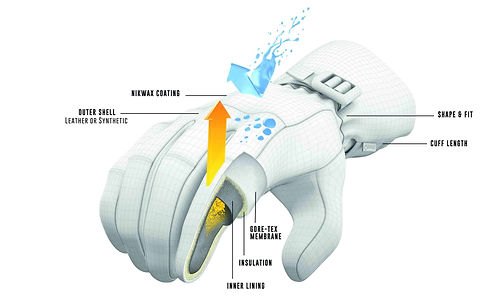 Labeled interior structure diagram showing key sports glove panels, padding and material zones.