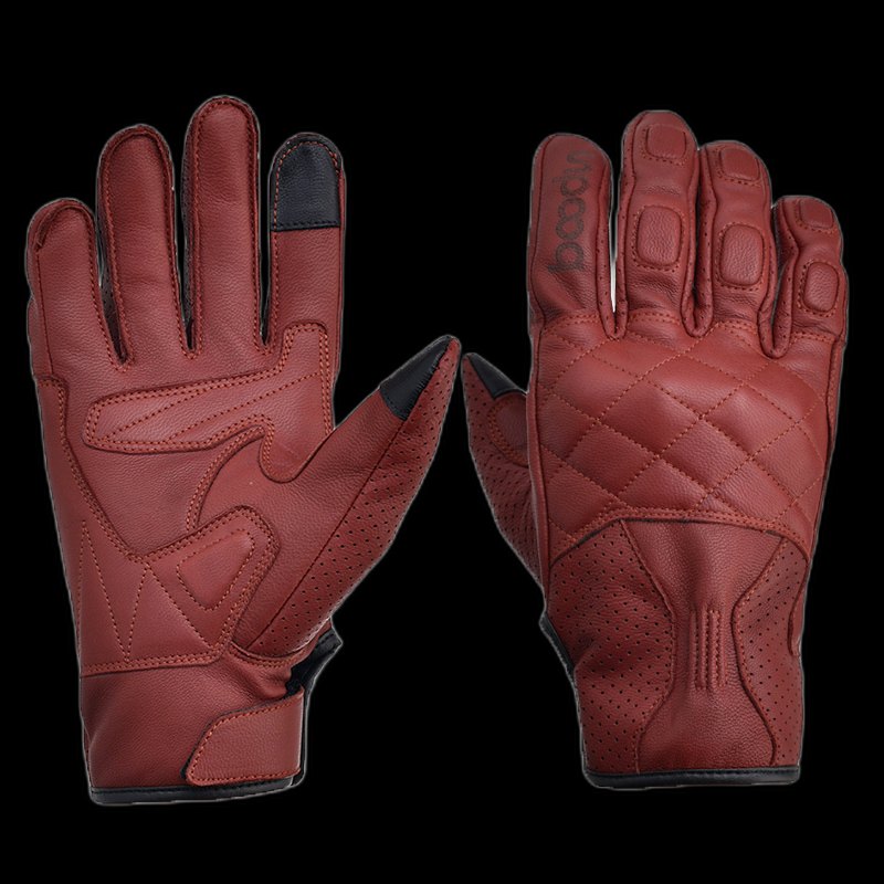 Close up detail of leather style winter sports glove material and stitching.