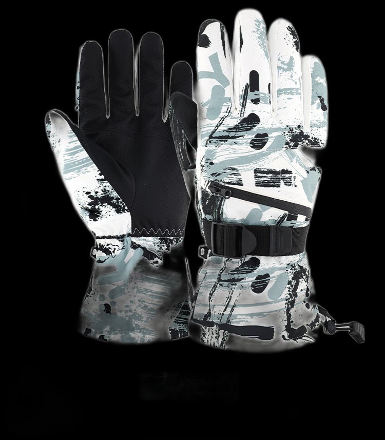Printed winter sports glove detail showing custom pattern and seam construction.