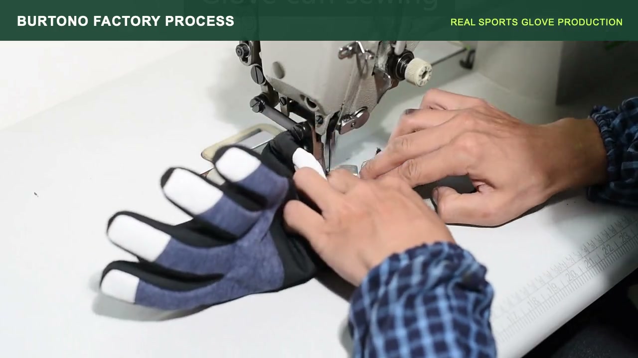BURTONO factory worker sewing a sports glove cuff during sample construction