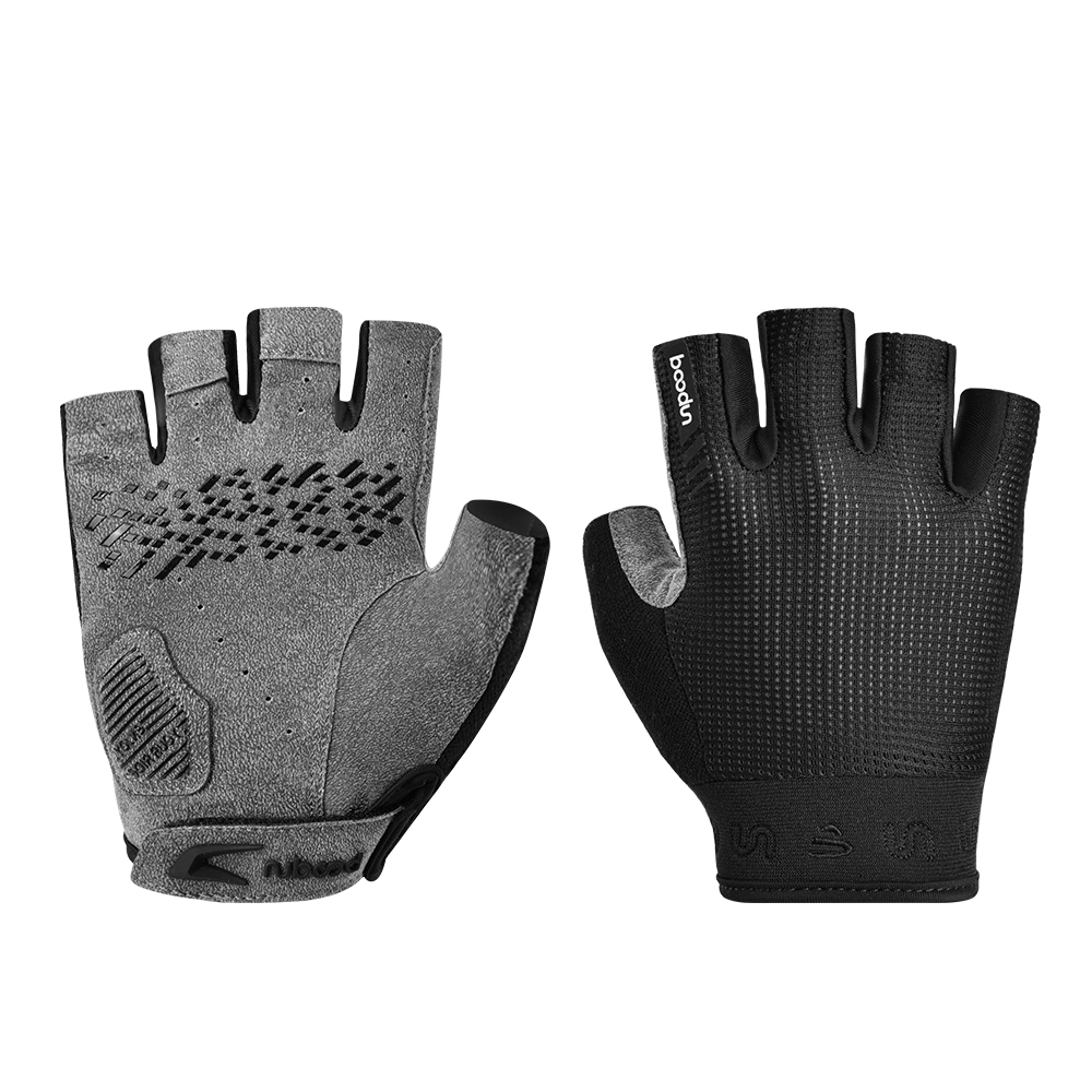Black half-finger road cycling gloves shown front and palm side